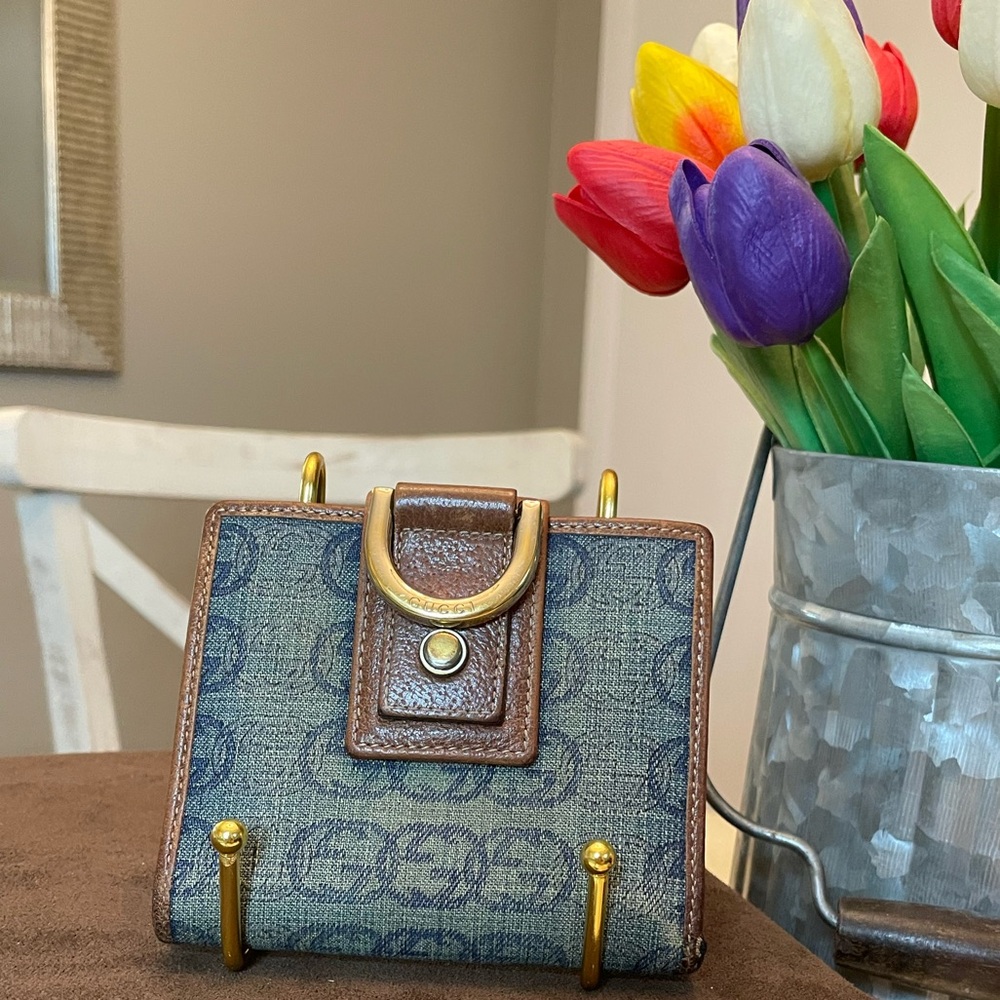 Gucci denim and brown leather compact wallet with horsebit accent